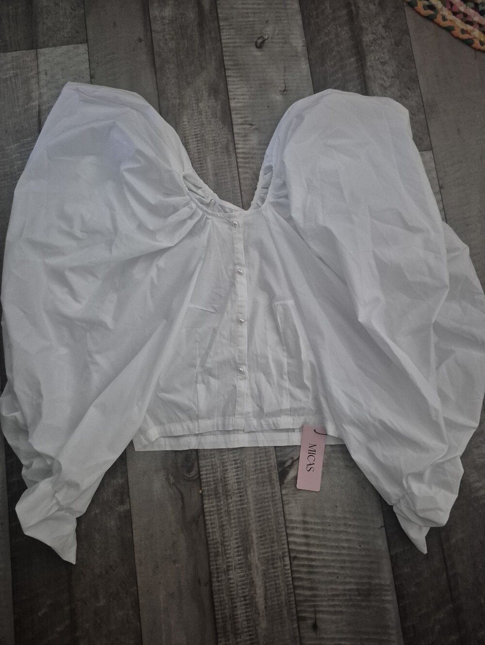 Micas Exaggerated Balloon Top Puff Sleeves Statement Piece White L NWT